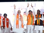 Union home minister Amit Shah acknowledges supporters at a rally in Ujjain on Sunday. Union home minister Amit Shah acknowledges supporters at a rally in Ujjain on Sunday.