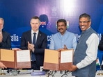 Prof Iain Martin, Vice Chancellor, Deakin University, and Prof Rajat Moona, Director, IITGN exchanging MoUs.(Handout) Prof Iain Martin, Vice Chancellor, Deakin University, and Prof Rajat Moona, Director, IITGN exchanging MoUs.(Handout)