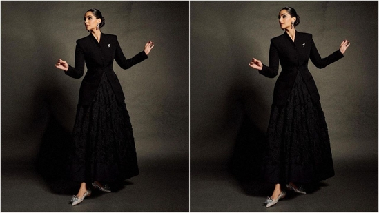 Sonam's elegant all-black ensemble is from the Spring/Summer 2024 collection of luxury designer brand Huishan Zhang, while her styling was expertly done by celebrity fashion stylist Manisha Melwani.(Instagram/@sonamkapoor)