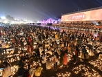 More than 22 lakh traditional earthern lamps or diyas, at 51 ghats along Saryu river, were illuminated in Ayodhya. (Deepak Gupta/HT Photo) More than 22 lakh traditional earthern lamps or diyas, at 51 ghats along Saryu river, were illuminated in Ayodhya. (Deepak Gupta/HT Photo)