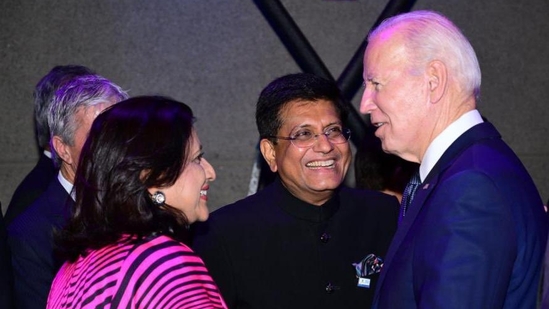 Union minister Piyush Goyal meets US President Joe Biden at the Asia-Pacific Economic Cooperation (APEC) welcome reception on Thursday. Union minister Piyush Goyal meets US President Joe Biden at the Asia-Pacific Economic Cooperation (APEC) welcome reception on Thursday.