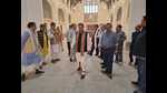Prof Bihari Lal Sharma inspecting the ancient building for the convocation (HT Photo) Prof Bihari Lal Sharma inspecting the ancient building for the convocation (HT Photo)