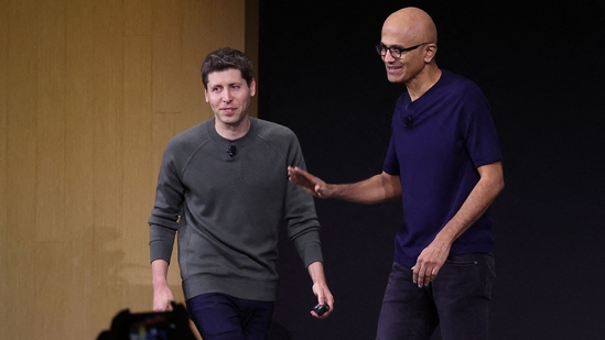 Microsoft CEO Satya Nadella (R) greets then OpenAI CEO Sam Altman during the OpenAI DevDay event on November 6 in San Francisco, California. (AFP) Microsoft CEO Satya Nadella (R) greets then OpenAI CEO Sam Altman during the OpenAI DevDay event on November 6 in San Francisco, California. (AFP)
