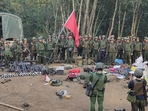 Members of the Myanmar National Democratic Alliance Army pose for a photograph with the weapons allegedly seized from the Myanmar’s army outpost on a hill in Chinshwehaw town, Myanmar, on Oct. 28, 2023 (The Kokang” online media via AP) Members of the Myanmar National Democratic Alliance Army pose for a photograph with the weapons allegedly seized from the Myanmar’s army outpost on a hill in Chinshwehaw town, Myanmar, on Oct. 28, 2023 (The Kokang” online media via AP)