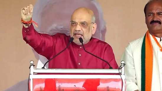 Union home minister Amit Shah addresses a public meeting for the Telangana Assembly elections. (ANI) Union home minister Amit Shah addresses a public meeting for the Telangana Assembly elections. (ANI)