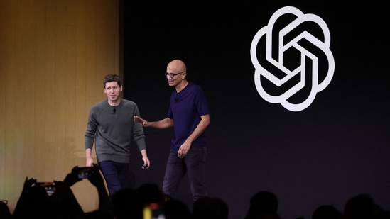 Microsoft CEO Satya Nadella (R) greets OpenAI CEO Sam Altman during the OpenAI DevDay event on November 06, 2023 in San Francisco.(AFP) Microsoft CEO Satya Nadella (R) greets OpenAI CEO Sam Altman during the OpenAI DevDay event on November 06, 2023 in San Francisco.(AFP)