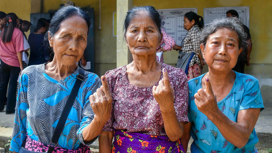 Voters show their fingers marked with indelible ink after casting their votes for Mizoram Assembly elections, in Mamit district(PTI) Voters show their fingers marked with indelible ink after casting their votes for Mizoram Assembly elections, in Mamit district(PTI)
