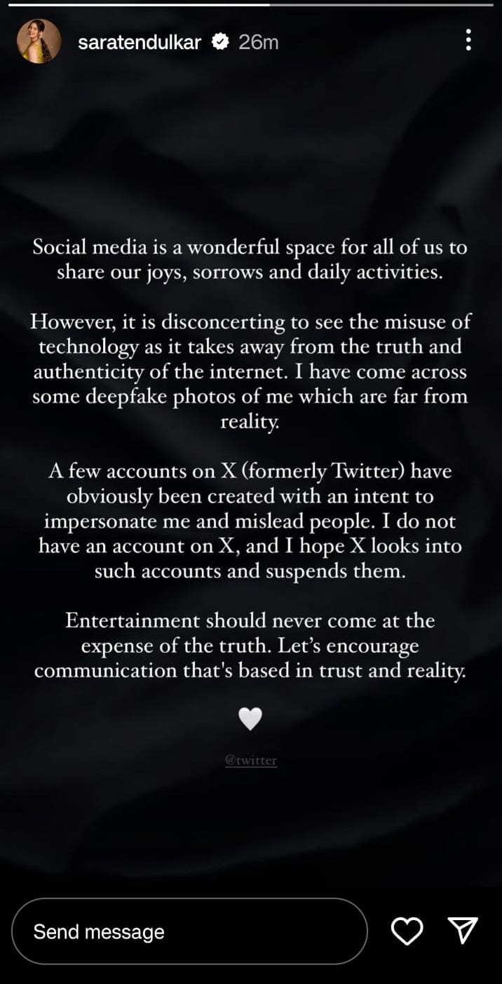 Sara Tendulkar responded to her deepfake accounts through Instagram. Sara Tendulkar responded to her deepfake accounts through Instagram.
