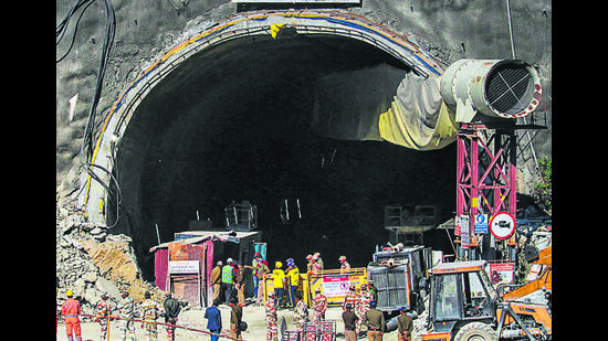 Rescue operation underway at the site of a tunnel collapse in Uttarkashi on Thursday. (PTI) Rescue operation underway at the site of a tunnel collapse in Uttarkashi on Thursday. (PTI)
