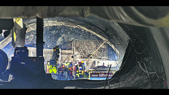 Rescue operations in progress at the tunnel in Silkyara, Uttarkashi, on Friday. (PTI) Rescue operations in progress at the tunnel in Silkyara, Uttarkashi, on Friday. (PTI)