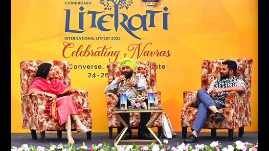 Chefs Harpal Singh Sokhi (centre) and Sadaf Hussain interacting with journalist Rajinder Kaur during a session at Literati 2023 Chefs Harpal Singh Sokhi (centre) and Sadaf Hussain interacting with journalist Rajinder Kaur during a session at Literati 2023