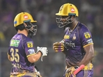 Kolkata Knight Riders' Andre Russell (R) and Rinku Singh bump fists during the Indian Premier League(AFP) Kolkata Knight Riders' Andre Russell (R) and Rinku Singh bump fists during the Indian Premier League(AFP)