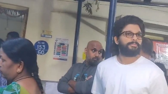 Allu Arjun standing in a queue to cast his vote on Thursday morning in Hyderabad. 