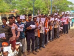Voters queue up to cast their votes for the second phase of the Chhattisgarh Assembly elections, in Mandla district on November 17.(ANI) Voters queue up to cast their votes for the second phase of the Chhattisgarh Assembly elections, in Mandla district on November 17.(ANI)