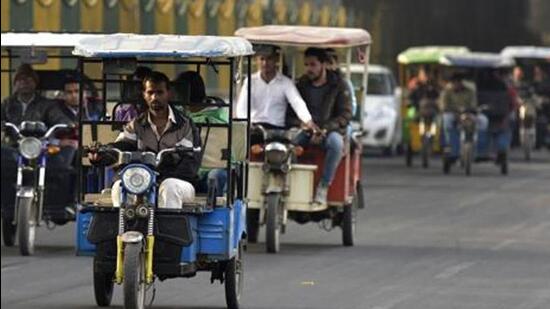 E-rickshaws have been operating in Delhi for over a decade and are a crucial mode of transport for last-mile connectivity. (HT PHOTO) E-rickshaws have been operating in Delhi for over a decade and are a crucial mode of transport for last-mile connectivity. (HT PHOTO)