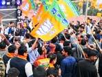 Bharatiya Janata Party (BJP) workers celebrate as the party leads in the Rajasthan Assembly elections (ANI Photo)(Ashok Sharma) Bharatiya Janata Party (BJP) workers celebrate as the party leads in the Rajasthan Assembly elections (ANI Photo)(Ashok Sharma)