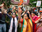 BJP workers celebrating the party's victory in the Madhya Pradesh assembly elections. (ANI) BJP workers celebrating the party's victory in the Madhya Pradesh assembly elections. (ANI)