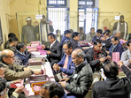 Counting of votes for the Rajasthan Assembly elections underway at a center, in Jaipur.(PTI) Counting of votes for the Rajasthan Assembly elections underway at a center, in Jaipur.(PTI)