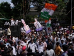 Supporters of India's main opposition party, Indian National Congress, celebrate early leads for their party in Telangana state elections in Hyderabad(AP) Supporters of India's main opposition party, Indian National Congress, celebrate early leads for their party in Telangana state elections in Hyderabad(AP)
