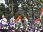 Hyderabad: Congress workers and supporters outside the party office during counting of votes for Telangana Assembly elections(PTI) Hyderabad: Congress workers and supporters outside the party office during counting of votes for Telangana Assembly elections(PTI)