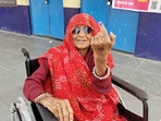 Rajasthan election results 2023: An elderly voter shows her ink-marked finger after casting her vote for the Rajasthan Assembly elections, on Saturday.
(ECISVEEP-X) Rajasthan election results 2023: An elderly voter shows her ink-marked finger after casting her vote for the Rajasthan Assembly elections, on Saturday.
(ECISVEEP-X)