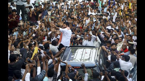 Telangana Congress chief A Revanth Reddy with party workers in Hyderabad. (PTI) Telangana Congress chief A Revanth Reddy with party workers in Hyderabad. (PTI)
