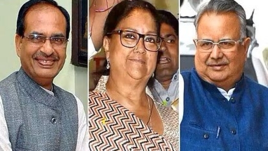 Madhya Pradesh CM Shivraj Singh Chouhan, Rajasthan BJP leader Vasundhara Raje and senior Chhattisgarh BJP leader Raman Singh. Madhya Pradesh CM Shivraj Singh Chouhan, Rajasthan BJP leader Vasundhara Raje and senior Chhattisgarh BJP leader Raman Singh.