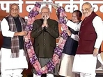 Prime Minister Narendra Modi with BJP leaders Amit Shah, Rajnath Singh and JP Nadda. Prime Minister Narendra Modi with BJP leaders Amit Shah, Rajnath Singh and JP Nadda.