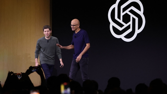 Microsoft CEO Satya Nadella (R) greets OpenAI CEO Sam Altman during the OpenAI DevDay event on November 06, 2023 in San Francisco, California. (Getty Images via AFP) Microsoft CEO Satya Nadella (R) greets OpenAI CEO Sam Altman during the OpenAI DevDay event on November 06, 2023 in San Francisco, California. (Getty Images via AFP)