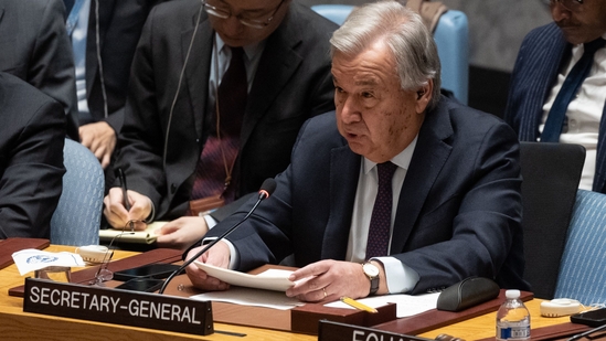 Israel-Hamas War: UN Secretary-General Antonio Guterres speaks during a United Nations Security Council meeting on Gaza.(AFP) Israel-Hamas War: UN Secretary-General Antonio Guterres speaks during a United Nations Security Council meeting on Gaza.(AFP)