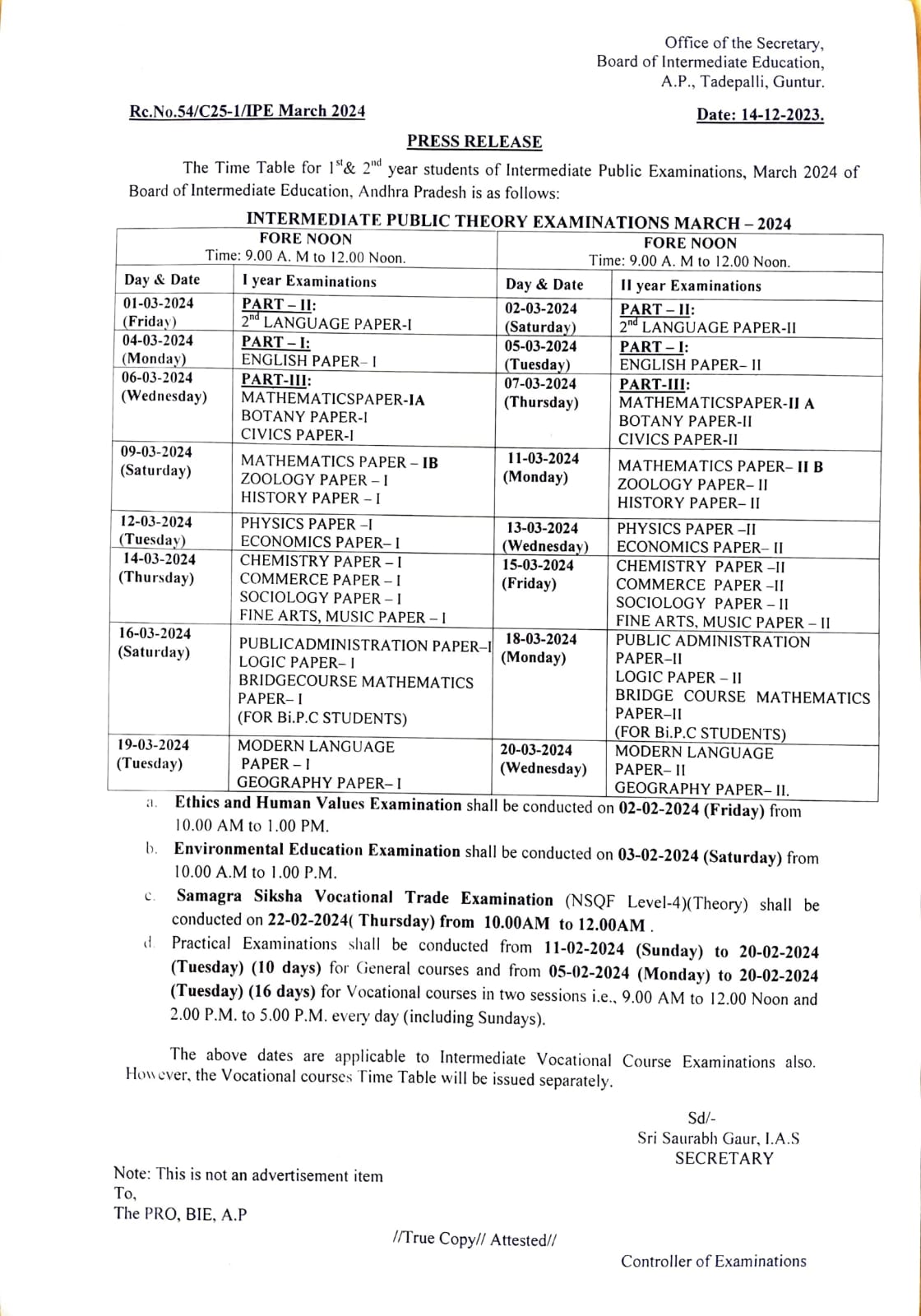 AP Inter Board Exam 2024 Datesheet AP Inter Board Exam 2024 Datesheet
