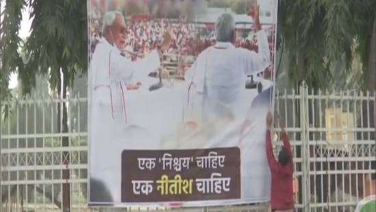 Posters of Nitish Kumar put up in Patna ahead of key INDIA bloc meeting.(ANI) Posters of Nitish Kumar put up in Patna ahead of key INDIA bloc meeting.(ANI)