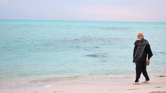 PM Modi also shared pictures of his early morning walks on the pristine beaches of Laskhadweep. In one picture, he can also be sitting on a chair by the beach. “And those early morning walks along the pristine beaches were also moments of pure bliss,” he captioned the pictures.(Twitter/@narendramodi)