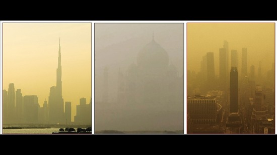 A haze obscures the skylines of Dubai, where sandstorms have been intensifying, in December; Agra and the Taj Mahal, in November; and New York, amid raging wildfires in Canada, in June. (AFP, ANI, Getty Images) A haze obscures the skylines of Dubai, where sandstorms have been intensifying, in December; Agra and the Taj Mahal, in November; and New York, amid raging wildfires in Canada, in June. (AFP, ANI, Getty Images)
