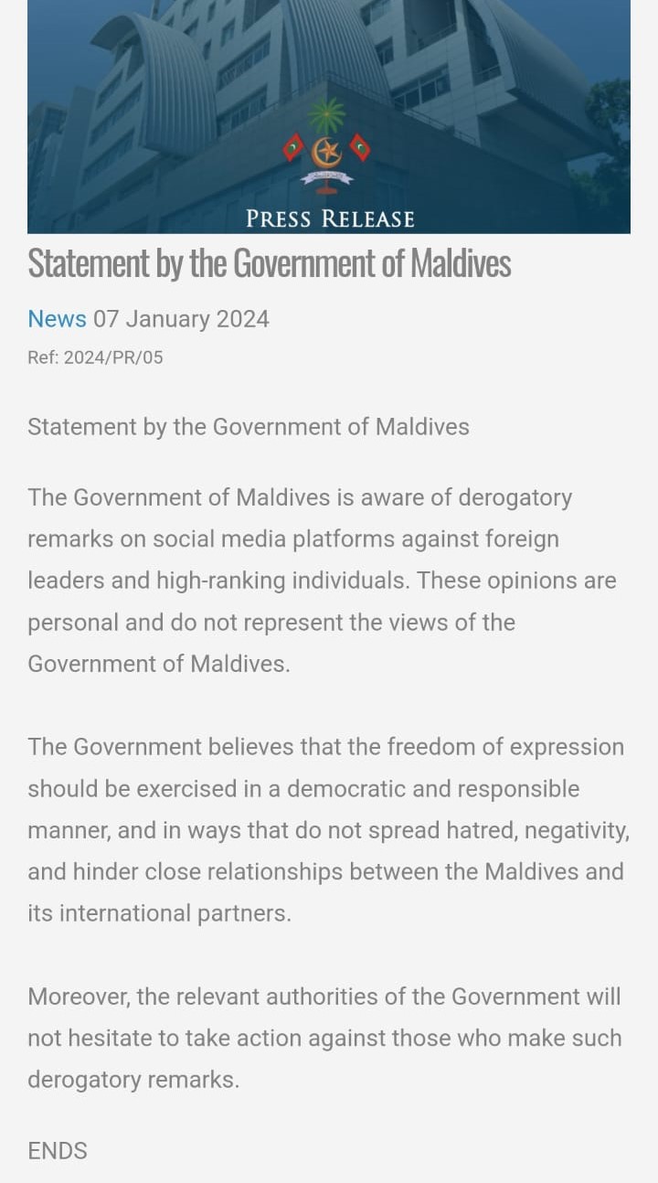 Maldives government statement on its deputy minister's derogatory remark against PM Modi. Maldives government statement on its deputy minister's derogatory remark against PM Modi.