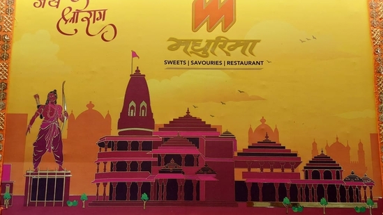 A 56 bhog packet of dry fruits especially designed for Ram mandir with its picture on the packet by Madhurima sweets (HT Photo) A 56 bhog packet of dry fruits especially designed for Ram mandir with its picture on the packet by Madhurima sweets (HT Photo)