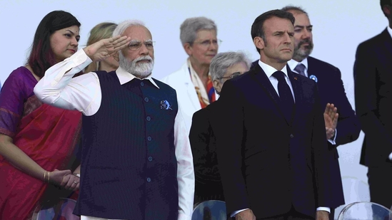 Prime Minister Narendra Modi saluting an Indian Tri-Service contingent at Bastille Day Parade on July 14, 2023. Prime Minister Narendra Modi saluting an Indian Tri-Service contingent at Bastille Day Parade on July 14, 2023.