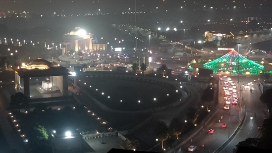 An aerial view of Lucknow’s Gomti Nagar illuminated with colourful lights ahead of the consecration ceremony of Ram temple in Ayodhya.(HT Photo/Deepak Gupta)