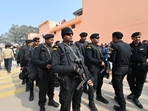 To enhance security at the program venue of Ram Temple consecration in Ayodhya, extensive use of technology is being employed. Police patrols can be observed in various areas, including Dharam Path, Ram Path, which are experiencing a high influx of devotees, as well as the bylanes of the Hanumangarhi area and Asharfi Bhavan road. (HT Photo/Deepak Gupta)
