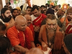 Jagadguru Shankaracharya of Kanchi Kamakoti Peetham, Shri Jayendra Saraswati ji Maharaj, has arrived in Ayodhya ahead of the 'pran prathishtha' on Monday.(X/@ShriRamTeerth) Jagadguru Shankaracharya of Kanchi Kamakoti Peetham, Shri Jayendra Saraswati ji Maharaj, has arrived in Ayodhya ahead of the 'pran prathishtha' on Monday.(X/@ShriRamTeerth)