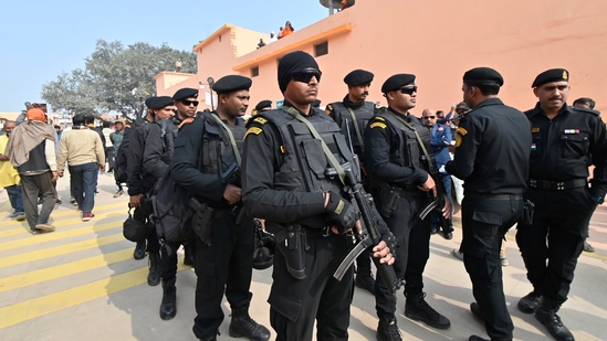 To enhance security at the program venue of Ram Temple consecration in Ayodhya, extensive use of technology is being employed. Police patrols can be observed in various areas, including Dharam Path, Ram Path, which are experiencing a high influx of devotees, as well as the bylanes of the Hanumangarhi area and Asharfi Bhavan road. (HT Photo/Deepak Gupta)