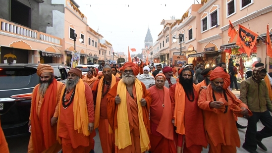 A procession of Sadhus marches at Rampath after offering prayers at Hanuman Garhi temple in Ayodhya.(Deepak Gupta/HT Photo)