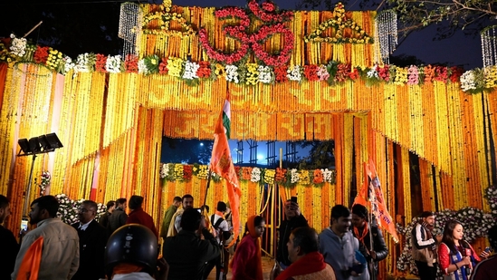 Meanwhile, posters depicting the child-version of Lord Ram adorned the entry gate to the grand Ayodhya temple on Saturday. (X/@ShriRamTeerth)