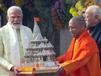 Prime Minister Narendra Modi being felicitated by Uttar Pradesh chief minister Yogi Adityanath in the presence of RSS chief Mohan Bhagwat during the 'Pran Pratishtha' ceremony of the Ram Janmabhoomi Temple in Ayodhya on Monday. (ANI) Prime Minister Narendra Modi being felicitated by Uttar Pradesh chief minister Yogi Adityanath in the presence of RSS chief Mohan Bhagwat during the 'Pran Pratishtha' ceremony of the Ram Janmabhoomi Temple in Ayodhya on Monday. (ANI)