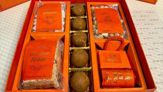 The prasad boxes prepared by Chhappan Bhog Lucknow for the Pran-Pratishtha ceremony at the Ram Mandir in Ayodhya The prasad boxes prepared by Chhappan Bhog Lucknow for the Pran-Pratishtha ceremony at the Ram Mandir in Ayodhya