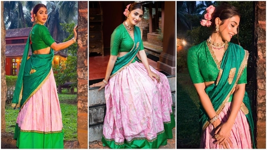 Pooja Hegde is a total stunner who keeps hitting the fashion targets like a pro. Be it a sartorial saree or a chic pantsuit, the actress knows how to turn heads. Pooja is quite active on social media and her glam Insta-diaries are a treasure trove of style inspiration for all her fans. With her incredible fashion sense and undeniable beauty, she never fails to leave her fans in awe. Her latest look is all about royal vibes as she rocks a green and pink lehenga choli. With the wedding season upon us, let's dive into her look and get some ethnic fashion inspiration.(Instagram/@hegdepooja)