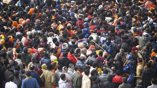 Massive crowd of devotees at Ram temple in Ayodhya.(Deepak Gupta/HT Photo) Massive crowd of devotees at Ram temple in Ayodhya.(Deepak Gupta/HT Photo)