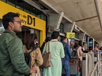Passengers in a queue in front of the Digi Yatra app kiosk at Gate D1 of Pune’s Lohegaon international airport on Wednesday. (Shankar Narayan/HT PHOTO) Passengers in a queue in front of the Digi Yatra app kiosk at Gate D1 of Pune’s Lohegaon international airport on Wednesday. (Shankar Narayan/HT PHOTO)