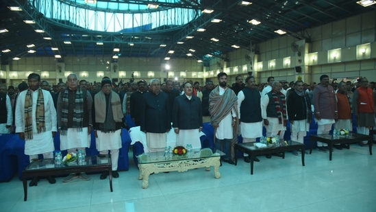 Nitish Kumar and fellow ministers, alongside BJP President JP Nadda, participated in the swearing-in ceremony in Patna.(HT Photo/Santosh Kumar)