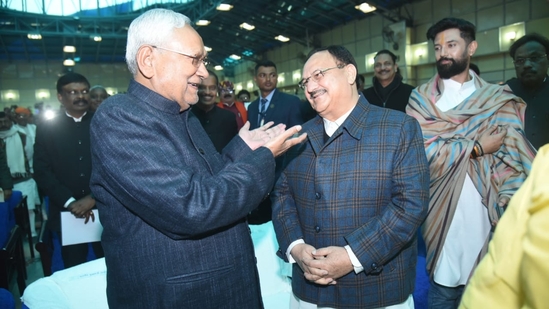 Bihar CM Nitish Kumar, in the company of BJP's JP Nadda, signalled Janata Dal (United)'s return to the NDA on Sunday.(HT Photo/Santosh Kumar)
